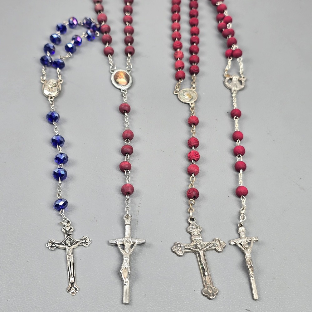 4 Vintage Religious Rosary Blue Glass Red Wood Beads Religious Cross Crucifix